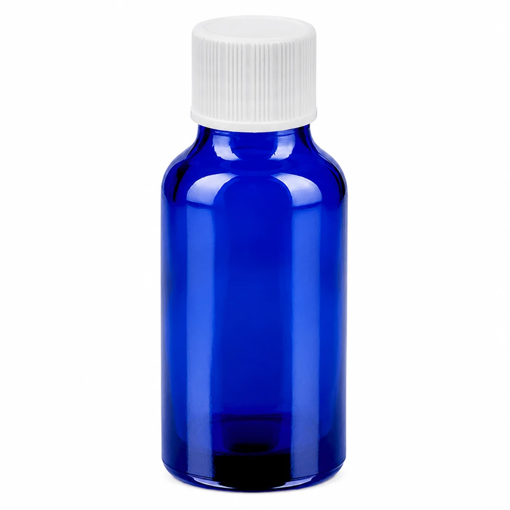 20ml pullo 11mm kierrekorkki valkoinen standardi BlueLine UT18/20 BlueLine UT18/20 20ml lasipullo sininen valkoisella kierrekorkilla eteerisille öljyille ja kosmetiikalle.