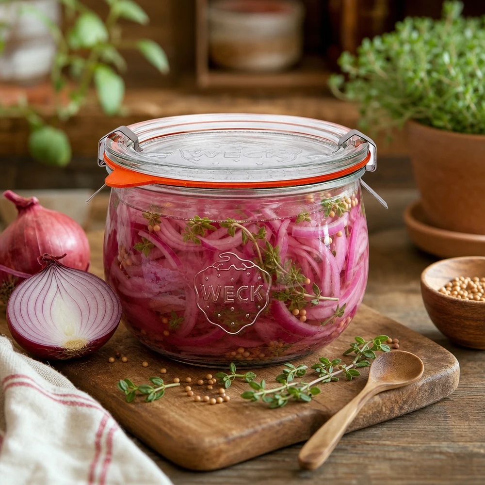 580ml tulppaanipurkki täydellinen WECK RR100 WECK tulppaanipurkki 580ml RR100 täynnä marinoituja punasipuleita, koristeltu yrttien kanssa puulautaan