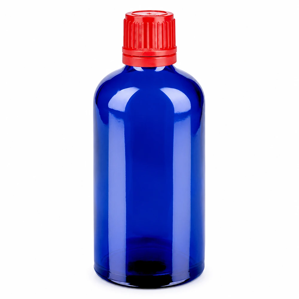 100ml pullo 11mm kierrekorkki punainen väärentämisen estävä sulkeminen BlueLine UT18/100 100ml sininen lasipullo punaisella kierrekorkilla SV 11mm OV BlueLine UT18/100