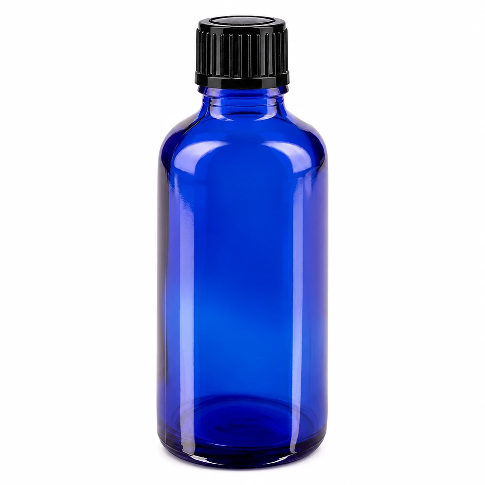 Apteekkipullo sininen 50ml kierrekorkki musta standardi 50 ml:n sininen lasinen apteekkipullo, jossa on musta 11 mm:n vakiokokoinen kierrekorkki