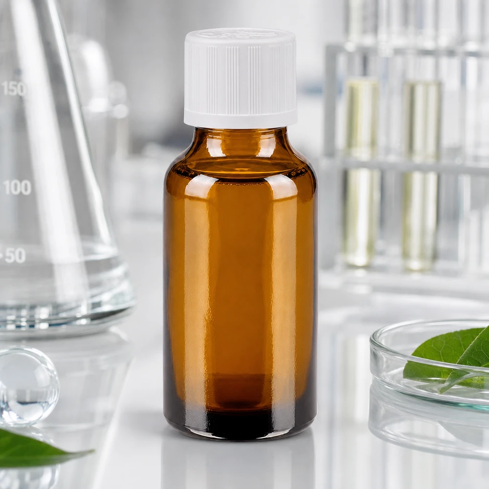 Apteekkipullo ruskea 20ml kierrekorkki valkoinen lapsiturvallinen standardi 20 ml:n ruskealasinen apteekkipullo, jossa on valkoinen lapsiturvallinen korkki, laboratoriokäytössä