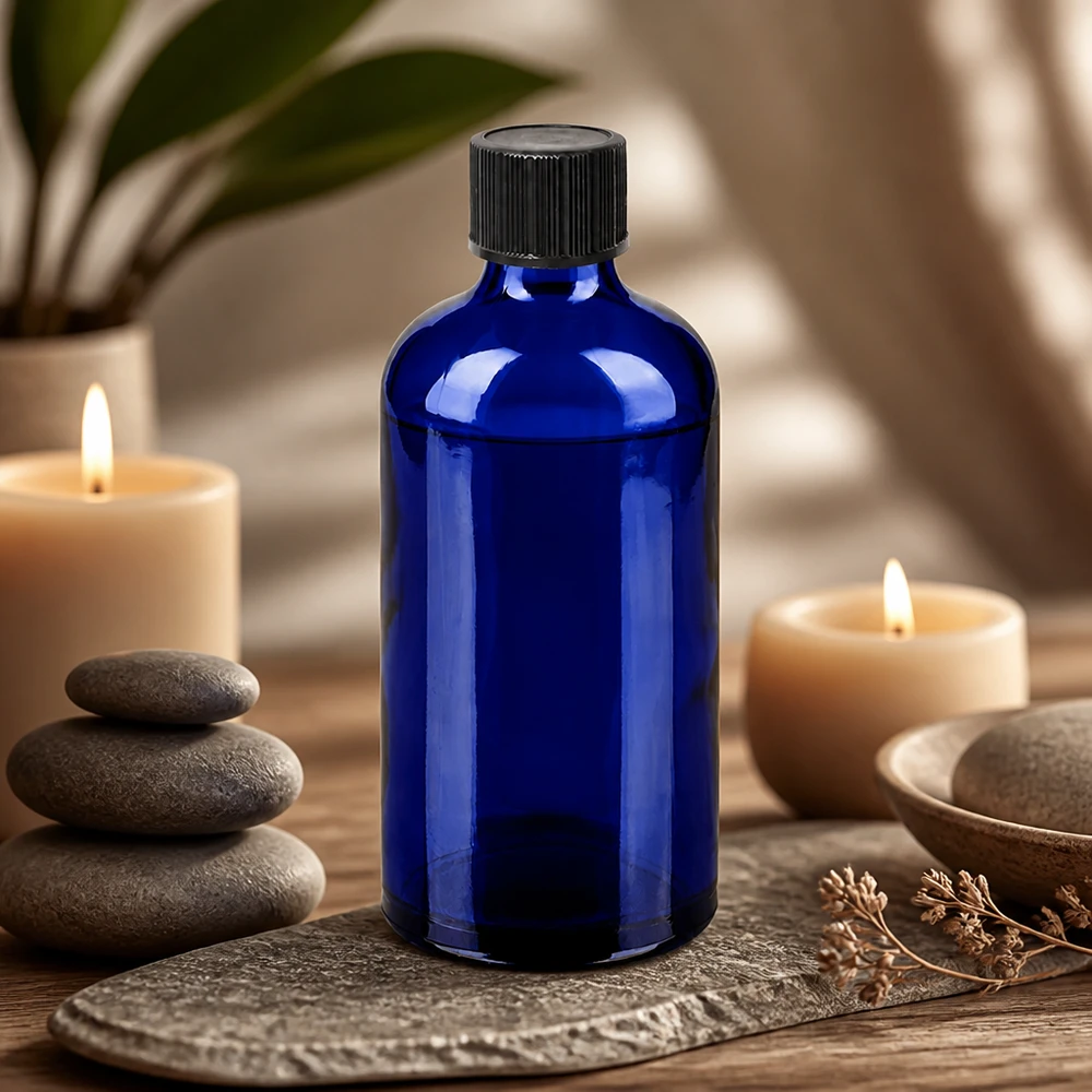 Koboltinsininen 100 ml:n tippapullo UV-suojalla ja mustalla korkilla valolle herkille aineille.