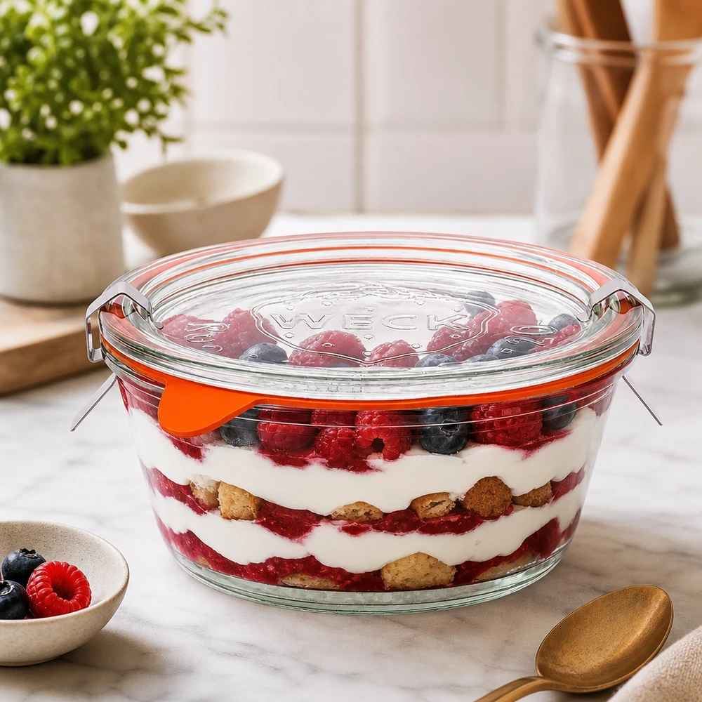 WECK gourmet-purkki 300ml RR120 täynnä kerroksellista marjajälkiruokaa, trifle lasisäiliössä, jossa kansi