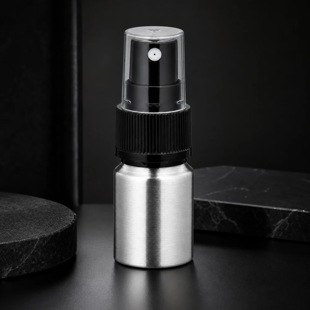 Alumiininen 10ml sumutinpullo, jossa on läpinäkyvä sumutinpää - tarkka annostelu hajuvesille ja öljyille.