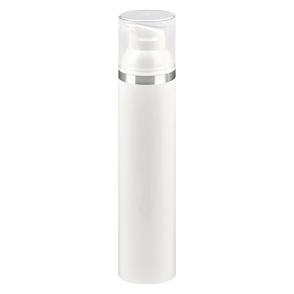 100ml airless-annostelija valkoinen, jossa on hopeinen kohokuviointi 100ml airless-annostelija valkoinen, jossa on hopeinen kohokuviointi