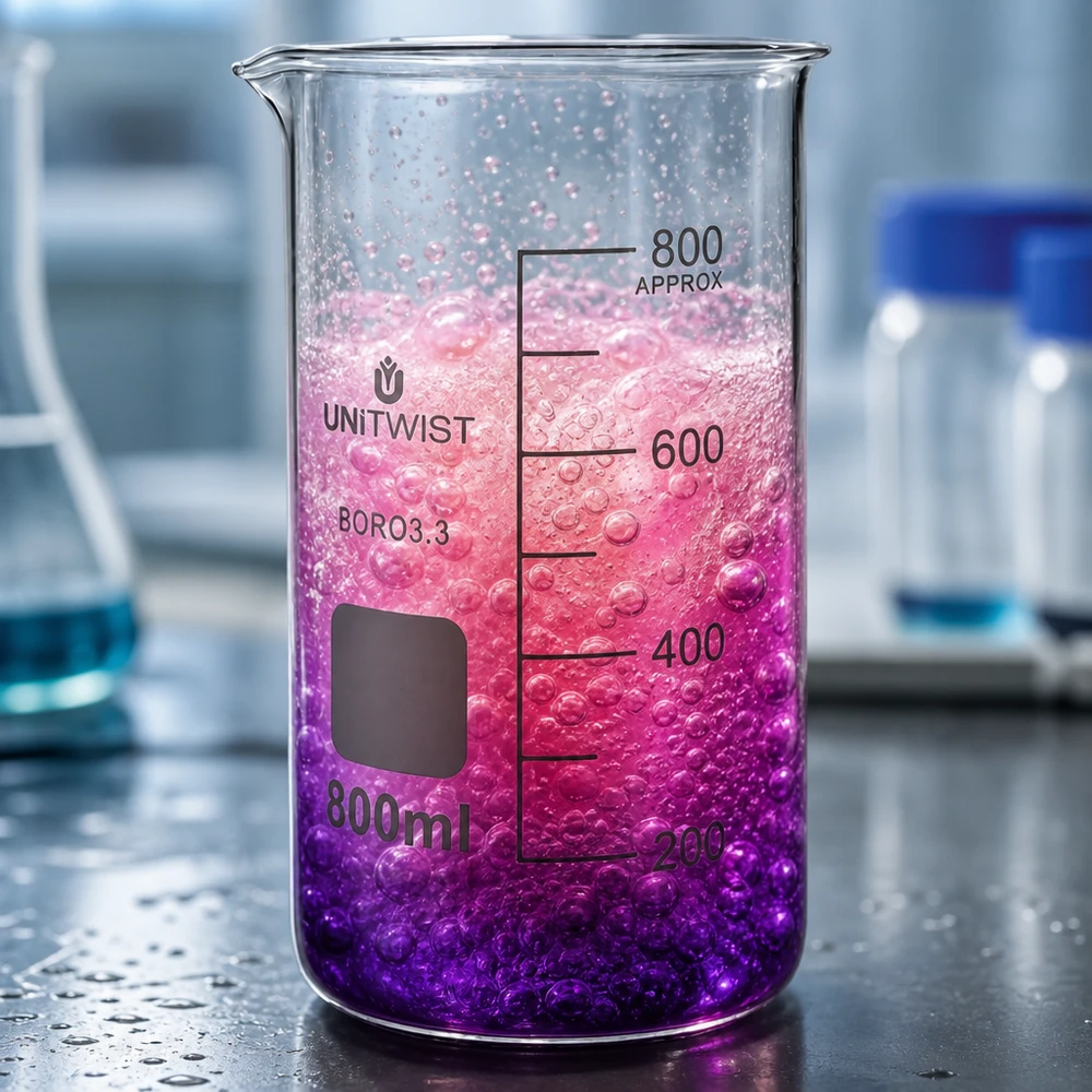 UNITWIST-lasimuki, 800 ml, korkea malli, borosilikaattia, vaaleanpunais-violettia nestettä ja kuplia laboratoriossa