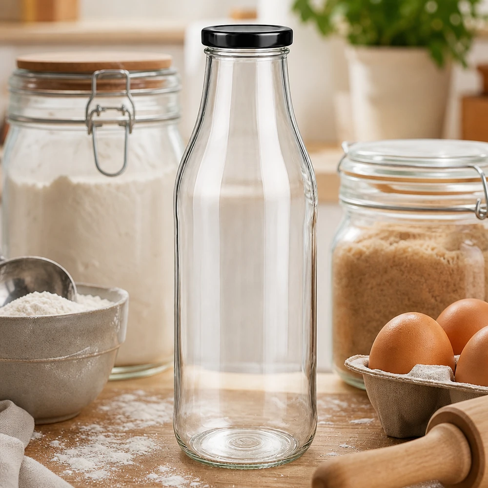 1000ml lasipullo tyhjänä puupöydällä leivonta-ainesten, munien ja jauhojen välissä keittiövälineinä.