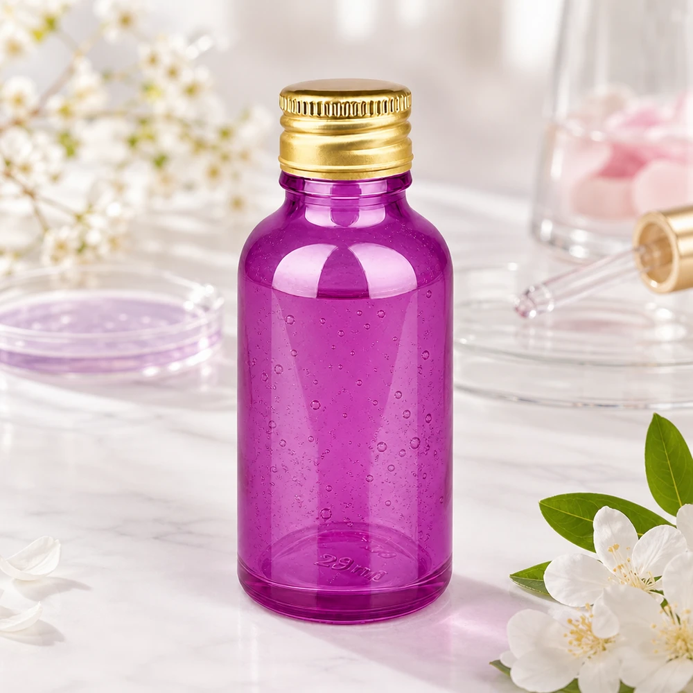 Kompakti 30 ml:n lasipullo tyylikkäässä violetissa STD-kierteellä kosmetiikkatuotteiden tarkkaan annosteluun.