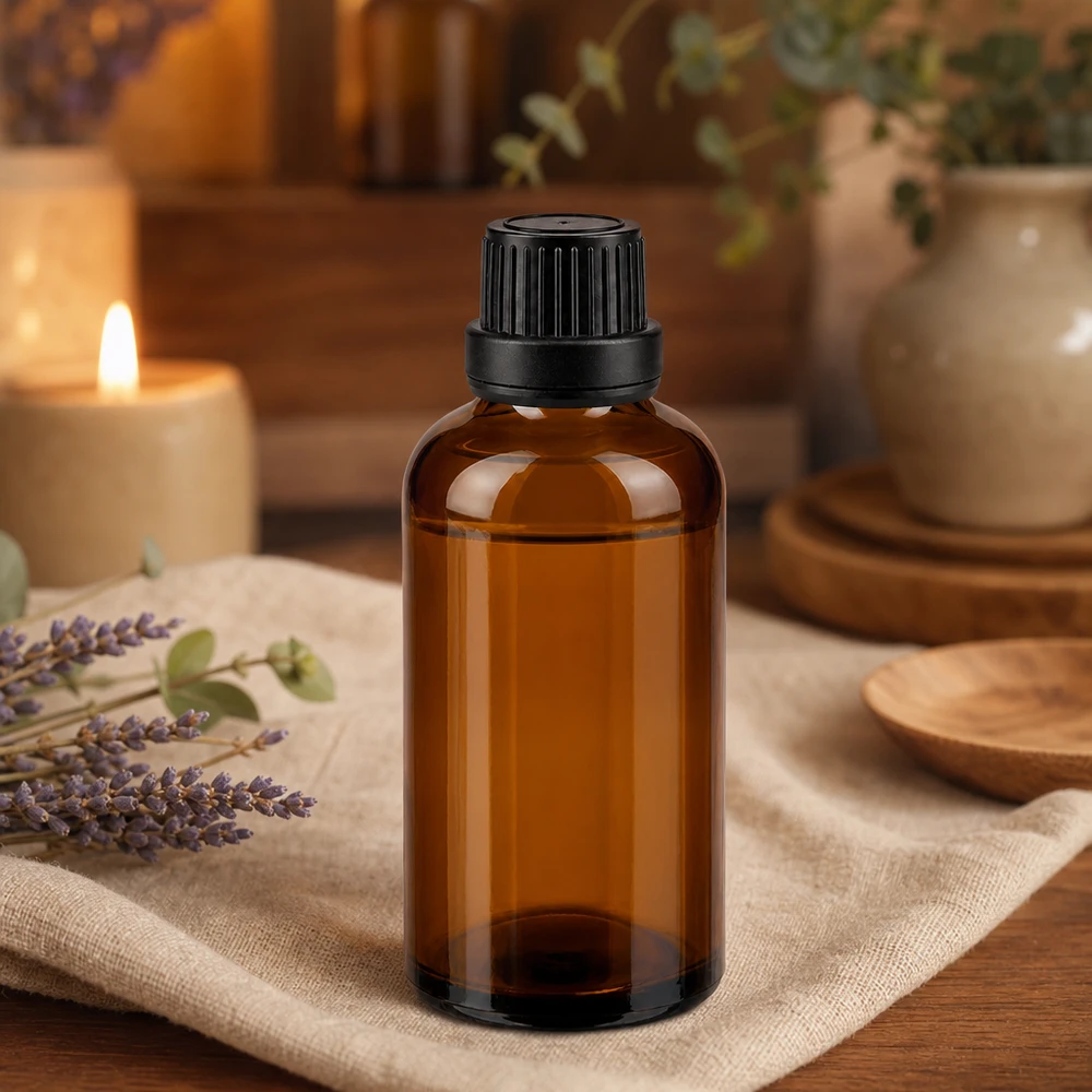 Apteekkipullo ruskea 50ml ruuvikorkki musta tiiviste sisus tamper evident sulkeminen 50 ml:n ruskealasi-pullo, jossa on lapsiturvallinen musta kierrekorkki, aromaterapiaan ja hyvinvointiin