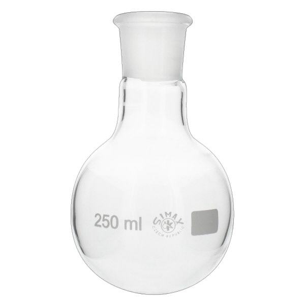 Pyöreäpohjainen pullo 250ml, jossa on vakiohiottu liitos (29/32). Pyöreäpohjainen pullo 250ml, jossa on vakiohiottu liitos (29/32).
