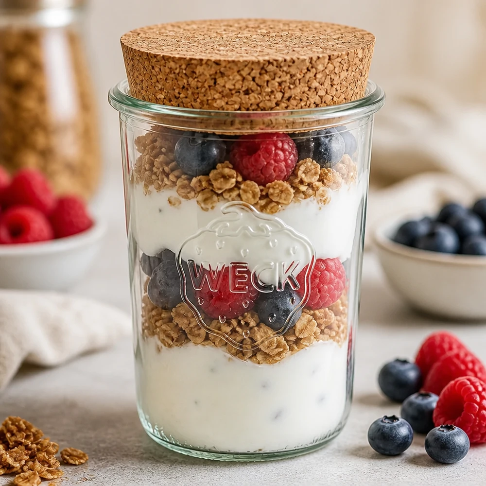 WECK tumblers 850ml RR100 korkilla korkki jogurtti parfait purkki marja granola ja luonnollinen jogurtti kerrostettu jälkiruoka