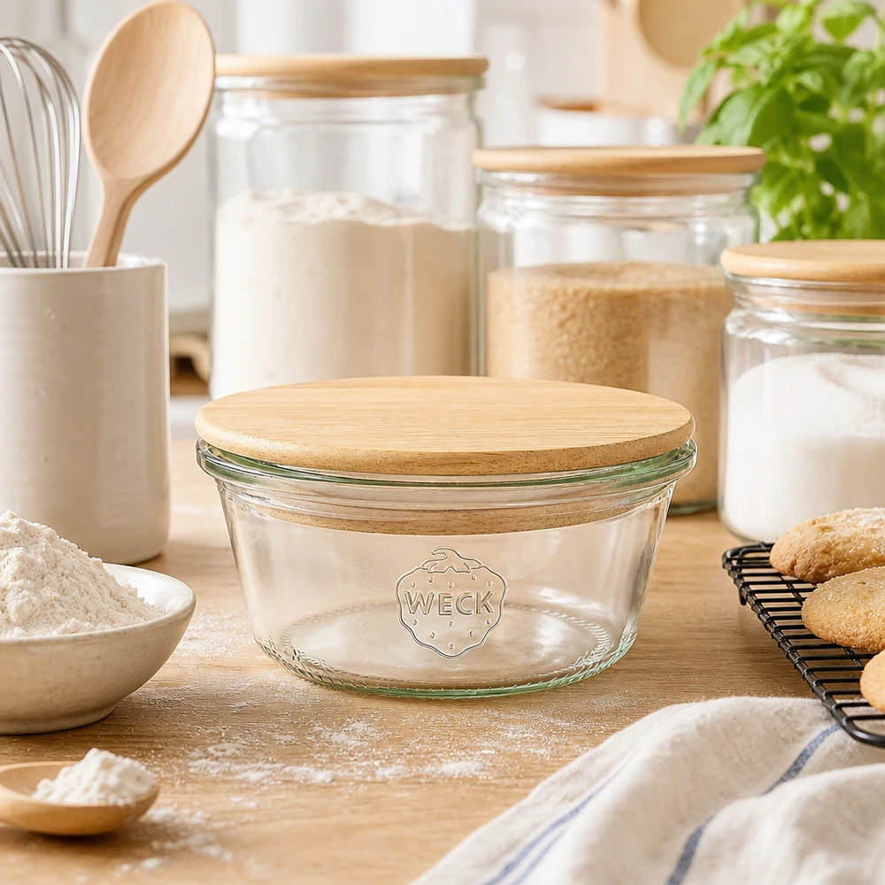 WECK tumblers 290ml RR100 bambu puinen kansi leipomo keittiössä jauhot, keksit ja säilytysorganisaatioiden kanssa