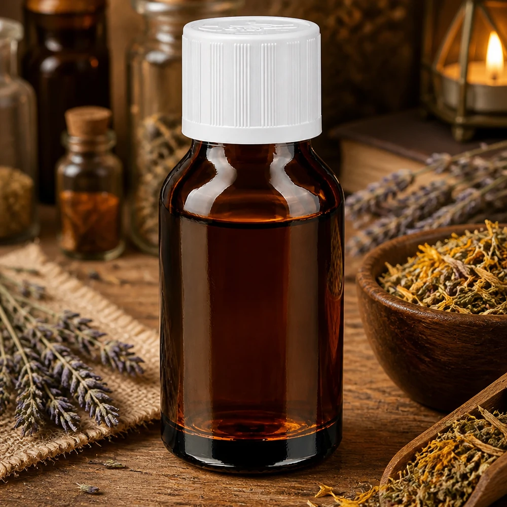 Apteekkipullo ruskea 30ml kierrekorkki valkoinen lapsiturvallinen vakio Pieni ruskea apteekkipullo (30 ml), jossa on valkoinen kierrekorkki, kuivattujen yrttien keskellä