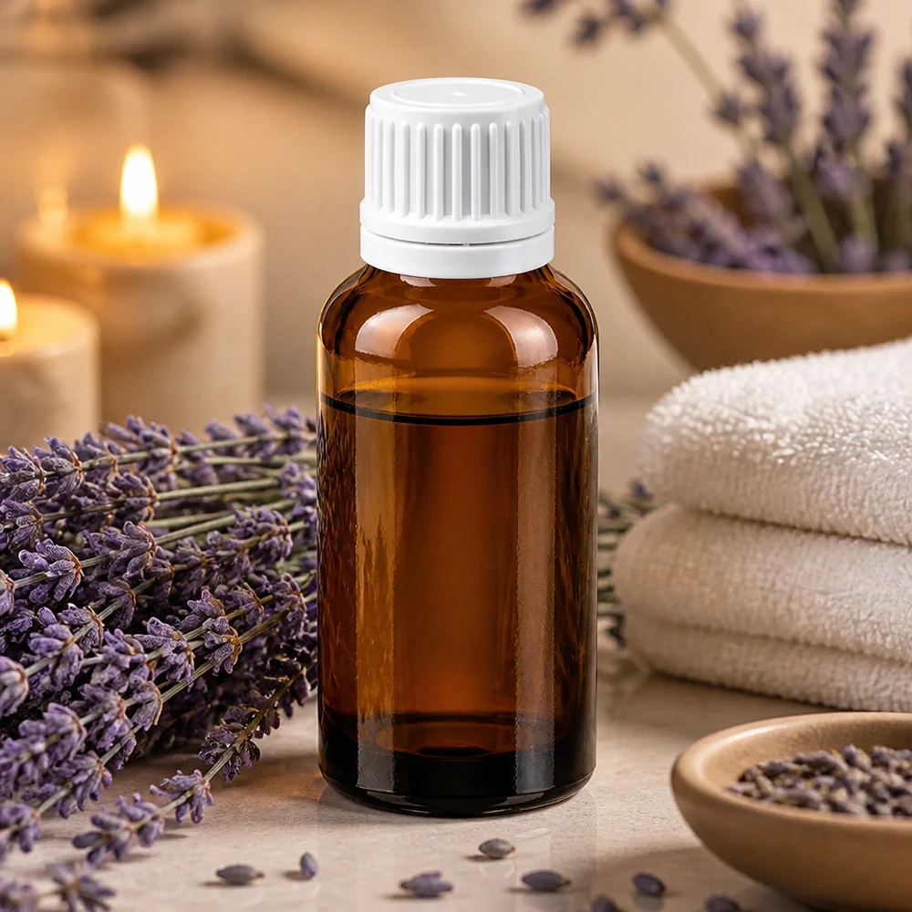 Pieni 30ml lasipullo, ruskea, valkoinen korkki aromaterapiaöljyille ja -esansseille.
