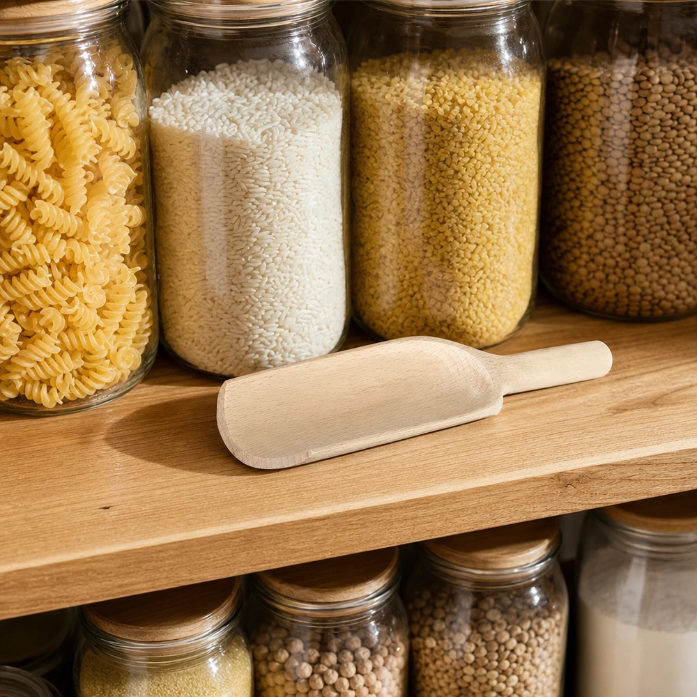 Puukauha L 18cm järjestäytyneessä ruokakomerossa, jossa on lasipurkkeja täynnä pastaa, riisiä, couscousia ja palkokasveja.