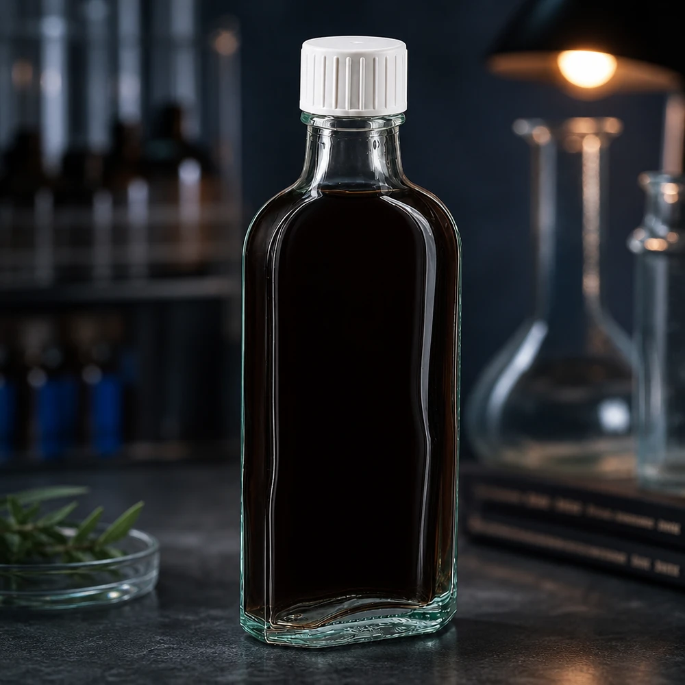 Tumma 100 ml:n Meplat-lasipullo, jossa on valkoinen kierrekorkki, tummaa taustaa vasten