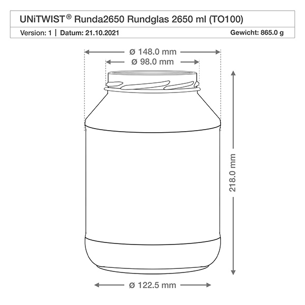 2650ml pyöreä purkki ilman kantta (TO100) UNiTWIST Tekninen piirustus UNiTWIST Runda2650 2650ml juomakupit, joiden mitat ovat halkaisija 148mm korkeus 218mm TO100