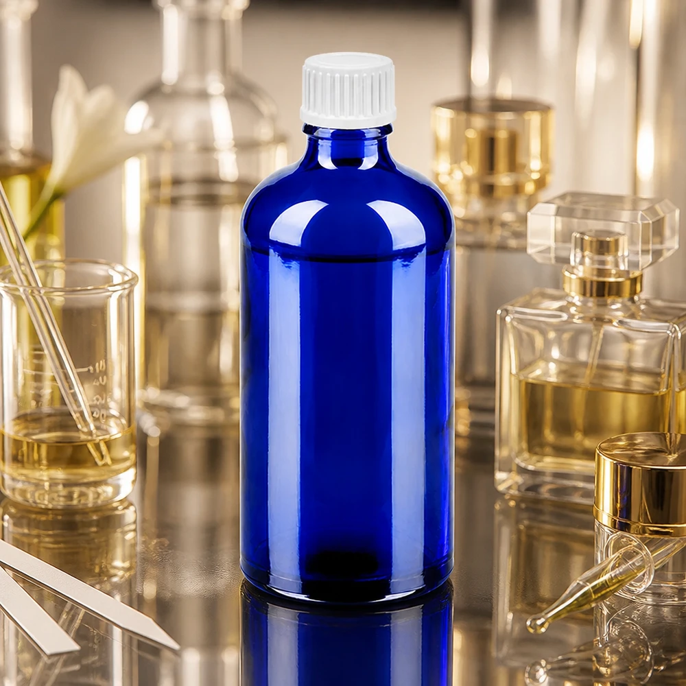 100ml tippapullo 0.9mm valkoinen vakiokorkki BlueLine UT18/100 Ammattimainen laboratoriopullo 100ml sininen, jossa on tiputusjärjestelmä 0.9mm tieteellisiin sovelluksiin.