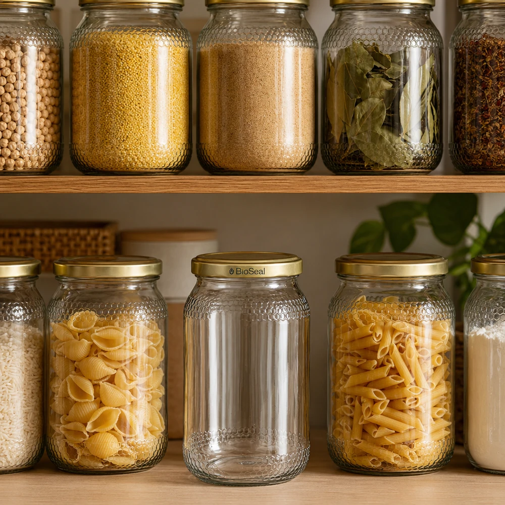 1260g Honigglas + BioSeal Deckel gold UNiTWIST 900ml hunajapurkki, jossa on BioSeal-kansi kultaa järjestäytyneessä ruokakomerossa pastamausteiden ja mausteiden välissä viljakomerossa