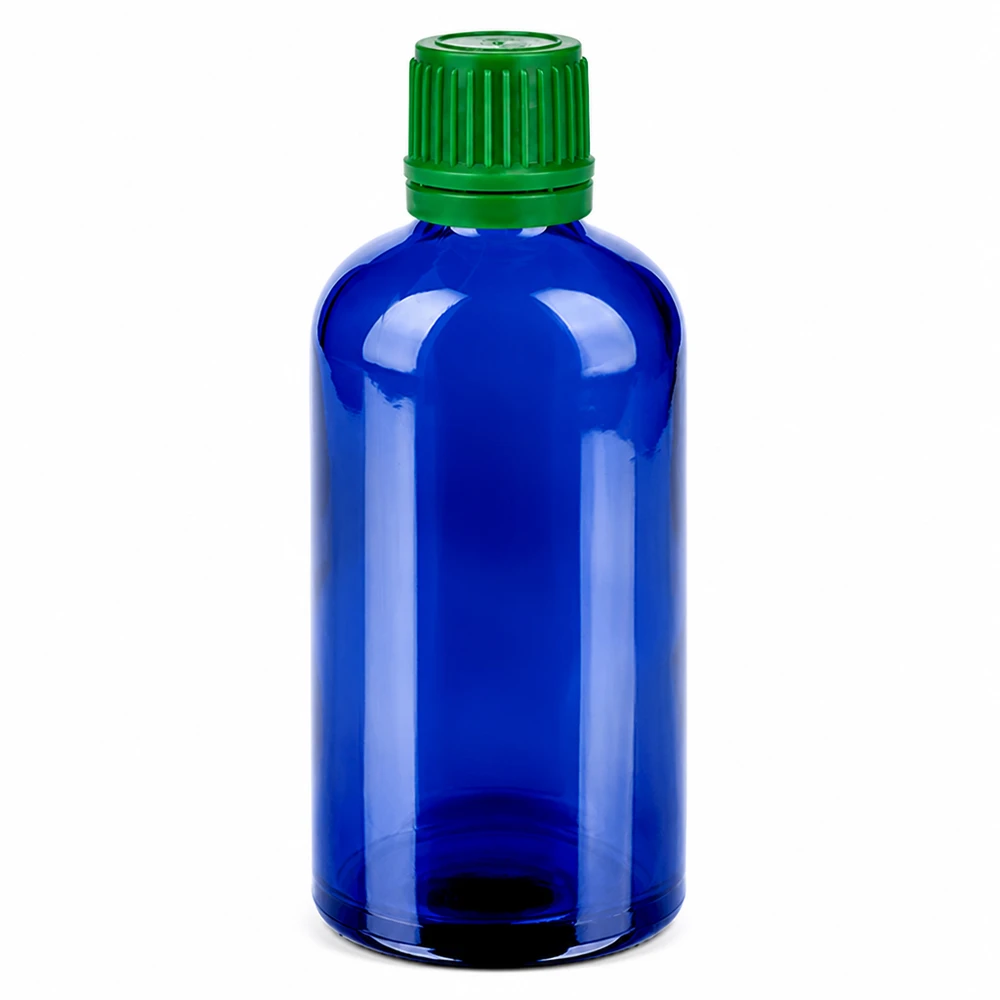 Sininen 100ml lasipullo vihreällä kierrekorkilla eteerisille öljyille ja tinktuureille.