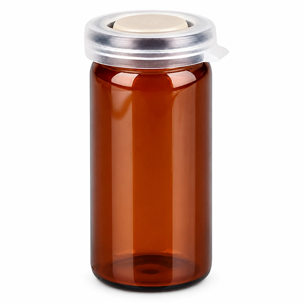 Tablet/roll rim-purkki 10ml ruskea, jossa on napsautettava kansi. Ruskea, rullareunainen lasipullo, 10 ml, napsautuskannella, tableteille ja kapseleille