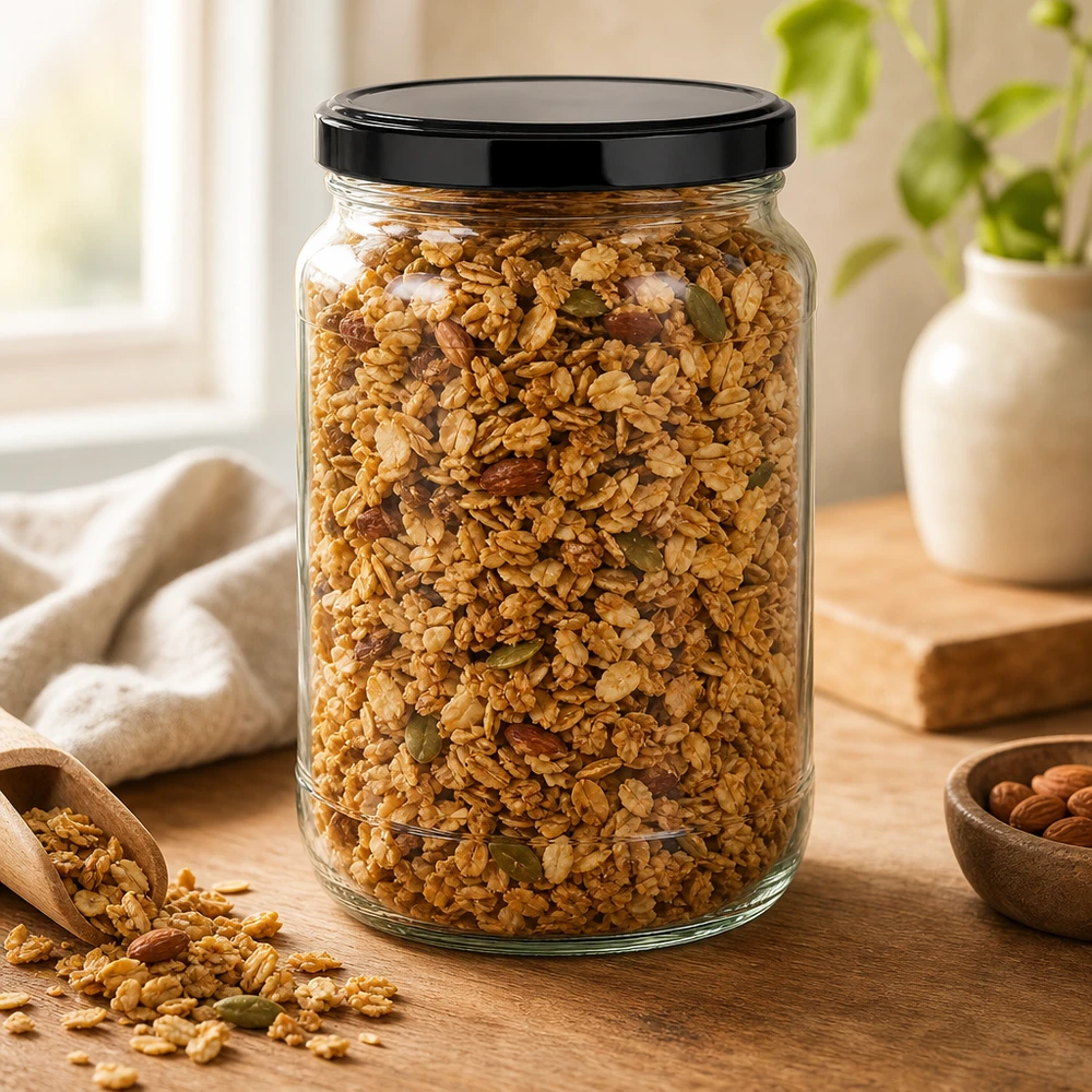 1700ml pyöreä lasipurkki, jossa on BasicSeal-kansi musta UNiTWIST Mysli Granola 1700ml pyöreä purkki musta BasicSeal kansi puinen kauha pähkinät viljat varastointi varastointi varastointi