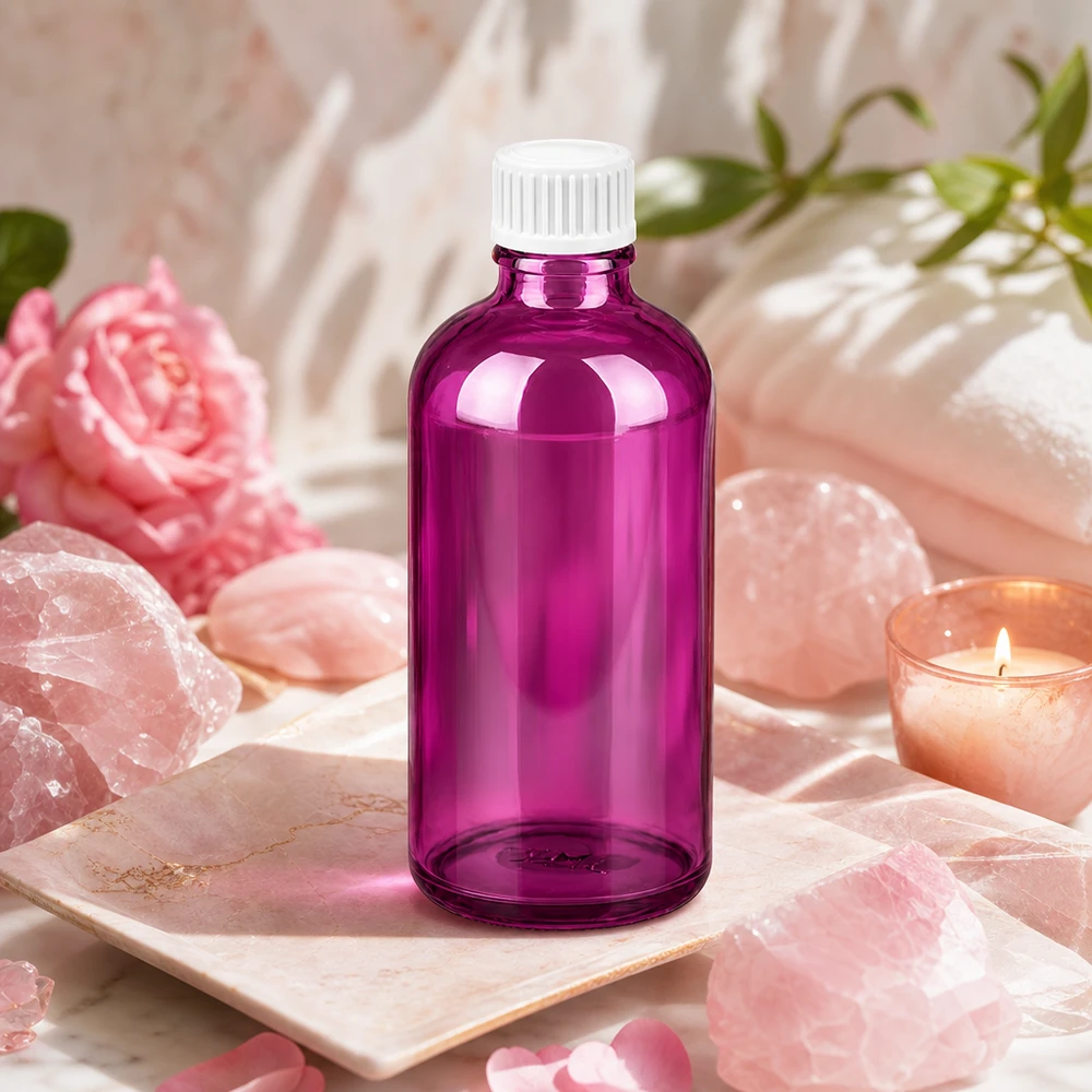 Violetti kosmetiikkapullo 100ml lasista, jossa valkoinen kierrekorkki ihonhoitoon ja seerumeille.
