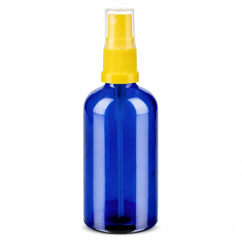 100ml suihkepullo keltainen/läpinäkyvä vakiokorkki BlueLine UT18/100 100ml sininen lasipullo keltaisella suihkupäällä kosmetiikkaan ja aromaterapiaan.