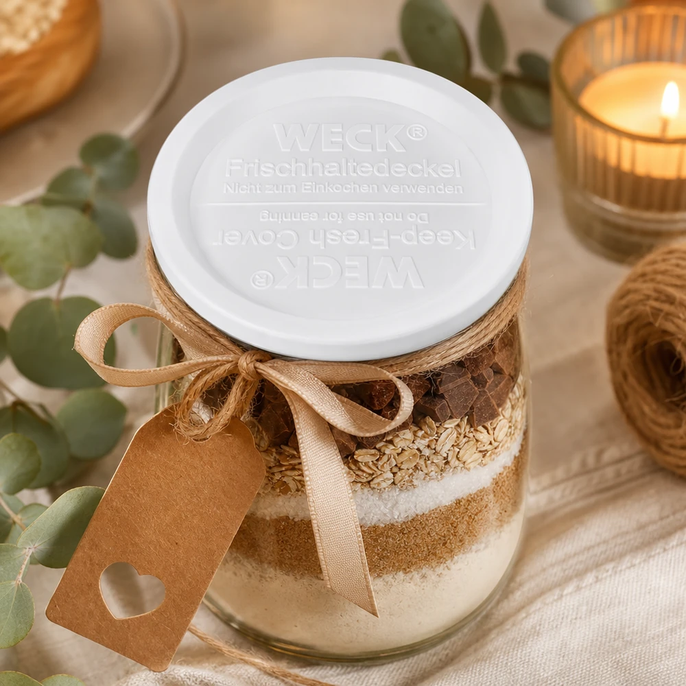 WECK keep-fresh kansi RR120 leivonta-ainesosien purkkiin suklaakaurahiutaleilla beige rusetti koristelu keittiöön