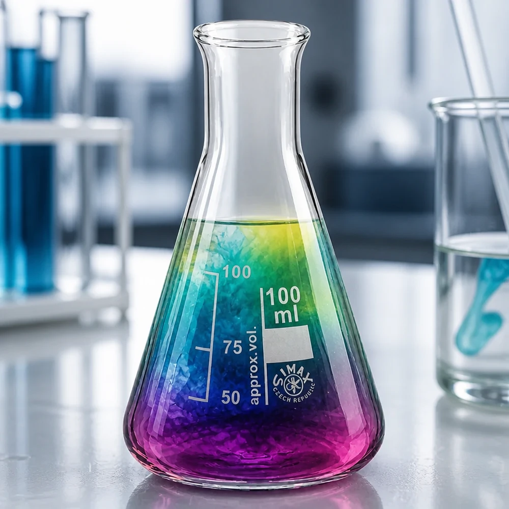 Erlenmeyer-pullo 100ml kapeakaulainen Erlenmeyerpullo 100ml, jossa on värigradientti ja kapea kaula kemiallisiin kokeisiin.