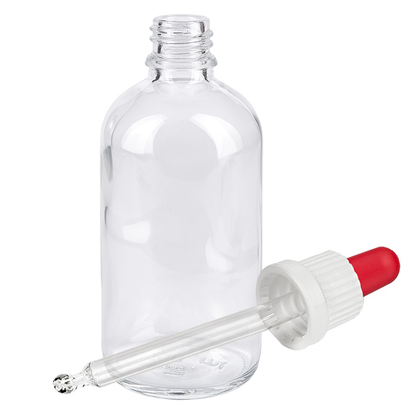 100ml pipettipullo valkoinen/punainen väärentämisen varalta suljettava ClearLine UT18/100 100 ml:n ClearLine-pipettipullo, jossa on tiputuspipetti ja punainen kumipallo, valkoinen, UT18