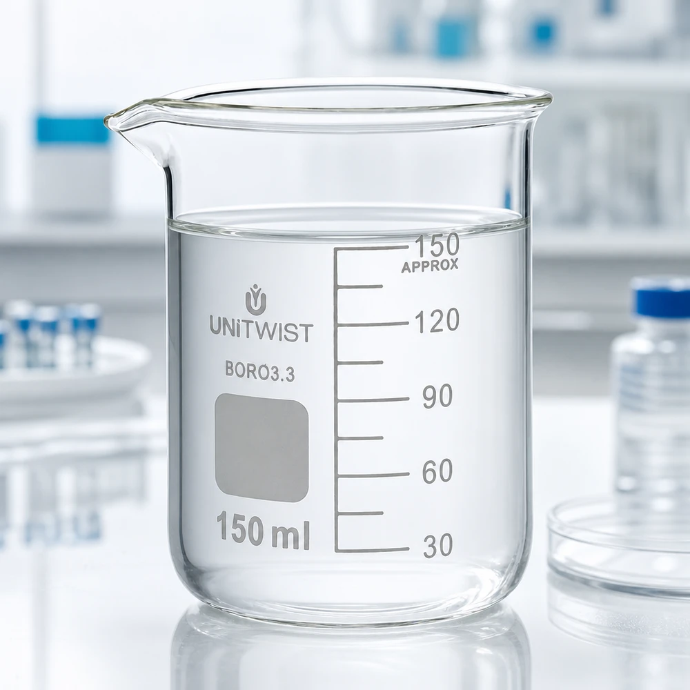 150 ml borosilikaattilasi, matala muotti UNiTWIST UNiTwist-lasimuki, 150 ml, borosilikaattilasia 3.3, matala malli, täytetty kirkkaalla vedellä laboratoriossa