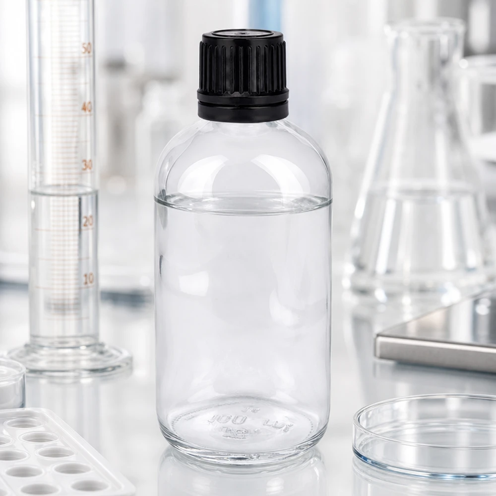 Läpinäkyvä 100 ml:n laboratoriopullo, jossa on 8 mm:n globulipullo ja musta muovikorkki