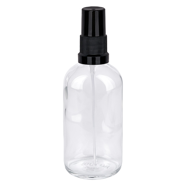100ml suihkepullo musta vakiokorkki ClearLine UT18/100 Läpinäkyvä 100 ml:n lasipullo, jossa on musta sumutin STD ClearLine UT18/100