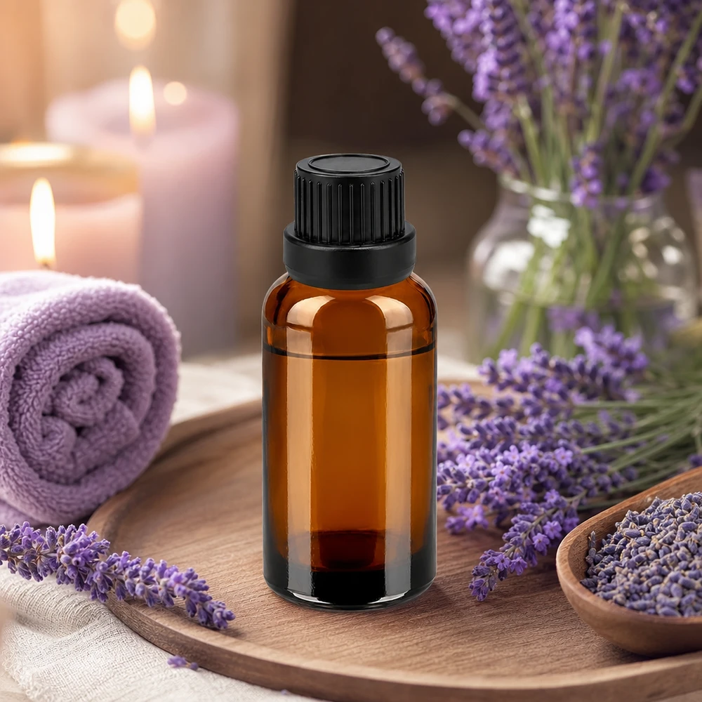 30ml lasipullo korkealaatuisesta meripihkalasista, jossa on tarkka tiputusjärjestelmä aromaterapiaa varten.