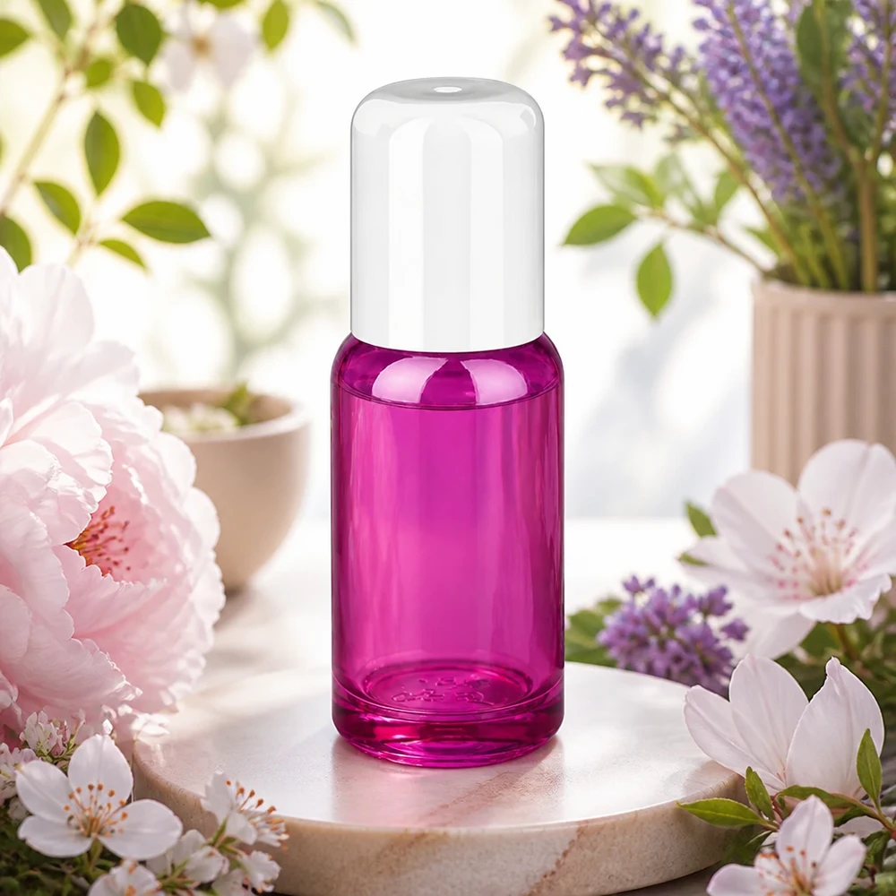 Elegantti 20ml lasipullo, jossa on roll-on applikaattori läpinäkyvää violettia tuoksuöljyille