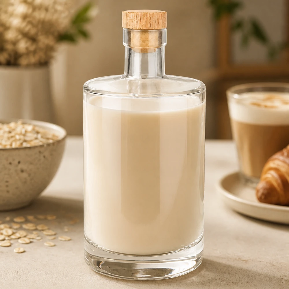 700ml Glasflasche "Galileo" mit Holzgriffkorken UNiTWIST® 700ml Marie-lasipullo, jossa on kermaista kauramaitoa ja puukorkki kaurahiutaleiden ja kahvikupin vieressä.
