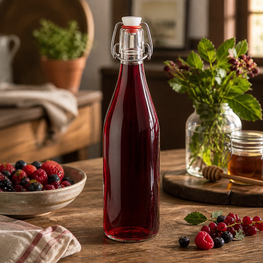 500 ml:n lasipullo, jossa on punainen marjamehu, puupöydällä tuoreiden marjojen ja hunajan vieressä keittiössä.