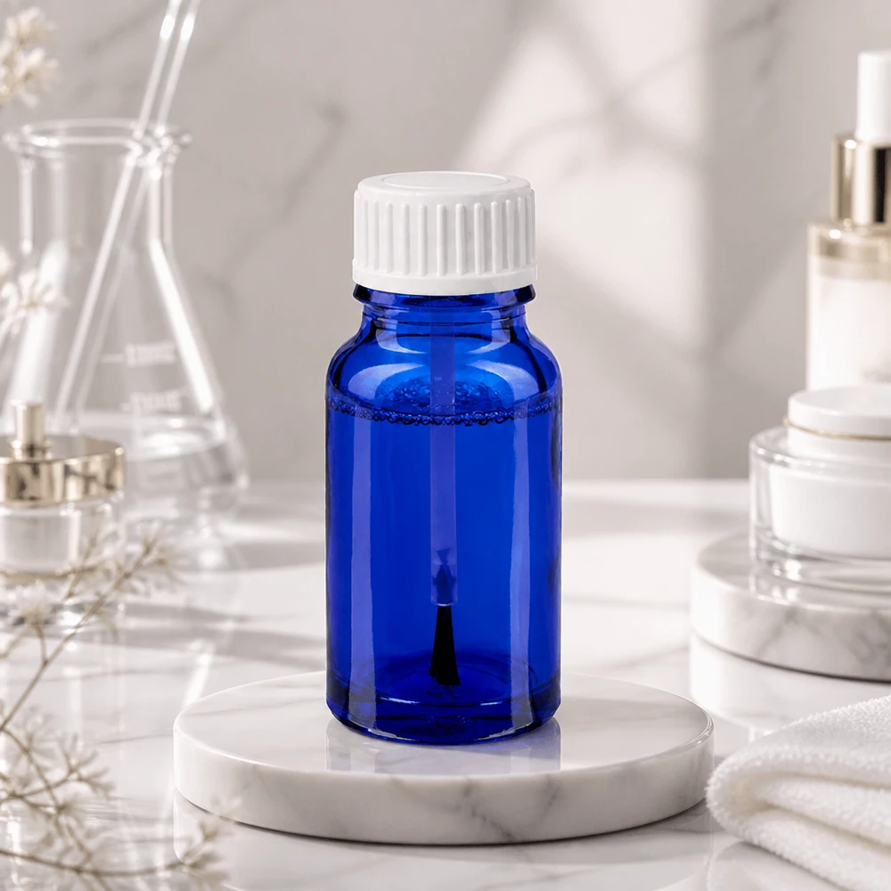 10ml pensselipullo valkoinen vakiokorkki BlueLine UT18/10 Sininen 10ml lasipullo valkoisella korkilla laboratorioon ja kosmetiikkateollisuuteen