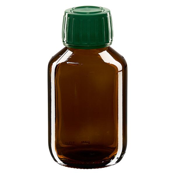 100ml lääkepullo ruskea, korkki vihreä, jossa peukaloinninestosormus ApoGlas 100ml lääkepullo ruskea, korkki vihreä, jossa peukaloinninestosormus ApoGlas