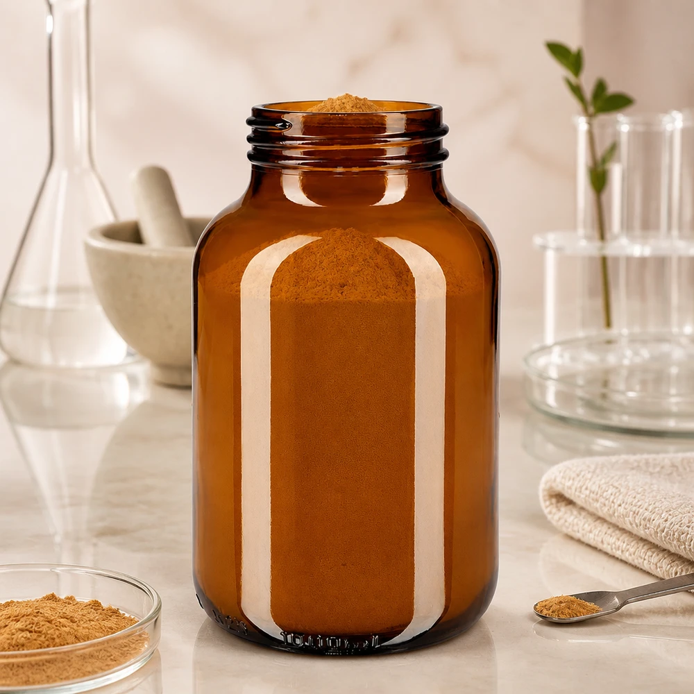 Suuri 1000 ml:n laajakaulapullo tumman meripihkanväristä lasia, jossa on leveä aukko jauheille ja rakeille.
