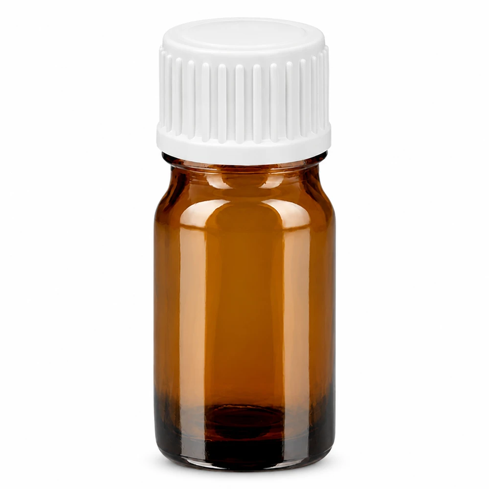 5ml tippapullo 0.9mm valkoinen vakiokorkki BrownLine UT18/5 5ml tippapullo ruskeasta lasista, jossa on valkoinen kierrekorkki tarkkaa annostelua varten.