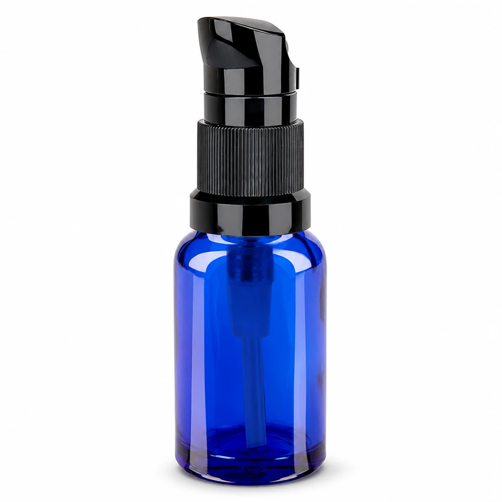 10ml pumppupullo musta käytännöllisellä pumppuannostelijalla seerumeille ja öljyille BlueLine UT18/10