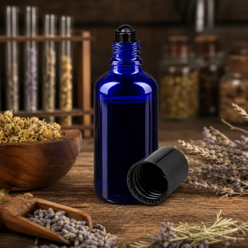 Apteekkipullo sininen 50ml roll-on korkki musta 50 ml:n koboltinsininen roll-on-pullo, jossa on musta pallokärki, kuivattujen yrttien ja laventelin keskellä