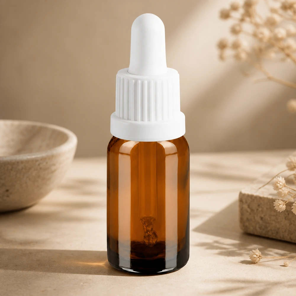 10ml meripihkanvärinen lasipullo valkoisella pipetillä OV BrownLine ammattikäyttöön.