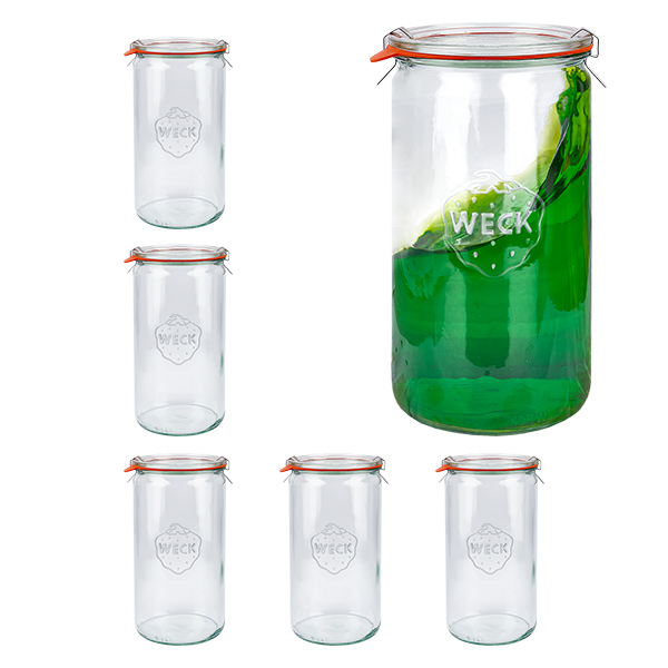 Setti 6 Weck-purkkia 1590ml sylinteripurkkeja, 1,5 litran tumblereja. Setti 6 Weck-purkkia 1590ml sylinteripurkkeja, 1,5 litran tumblereja.