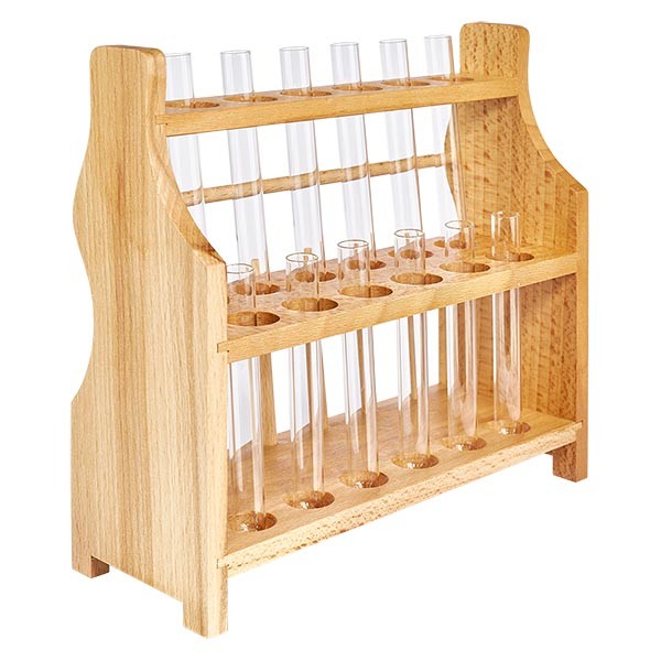 Puinen koeputkiteline, jossa 12 koeputkea ja sooda-limetti 100x12 Puinen koeputkiteline, jossa 12 koeputkea ja sooda-limetti 100x12