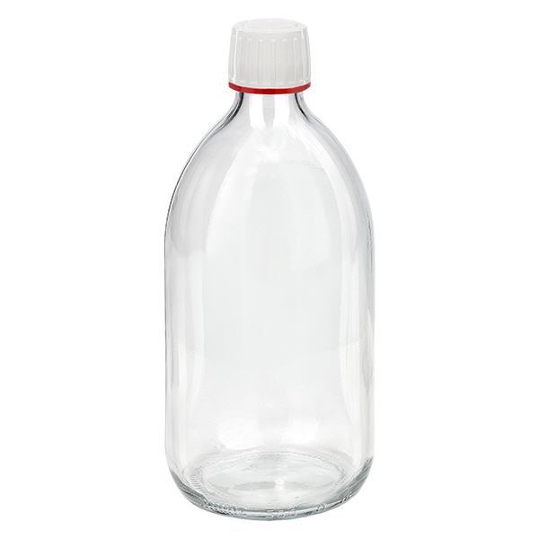 500ml lääkepullo kirkas, korkki valkoinen, peukaloinnin estävä rengas punainen ApoGlas 500ml lääkepullo kirkas, korkki valkoinen, peukaloinnin estävä rengas punainen ApoGlas