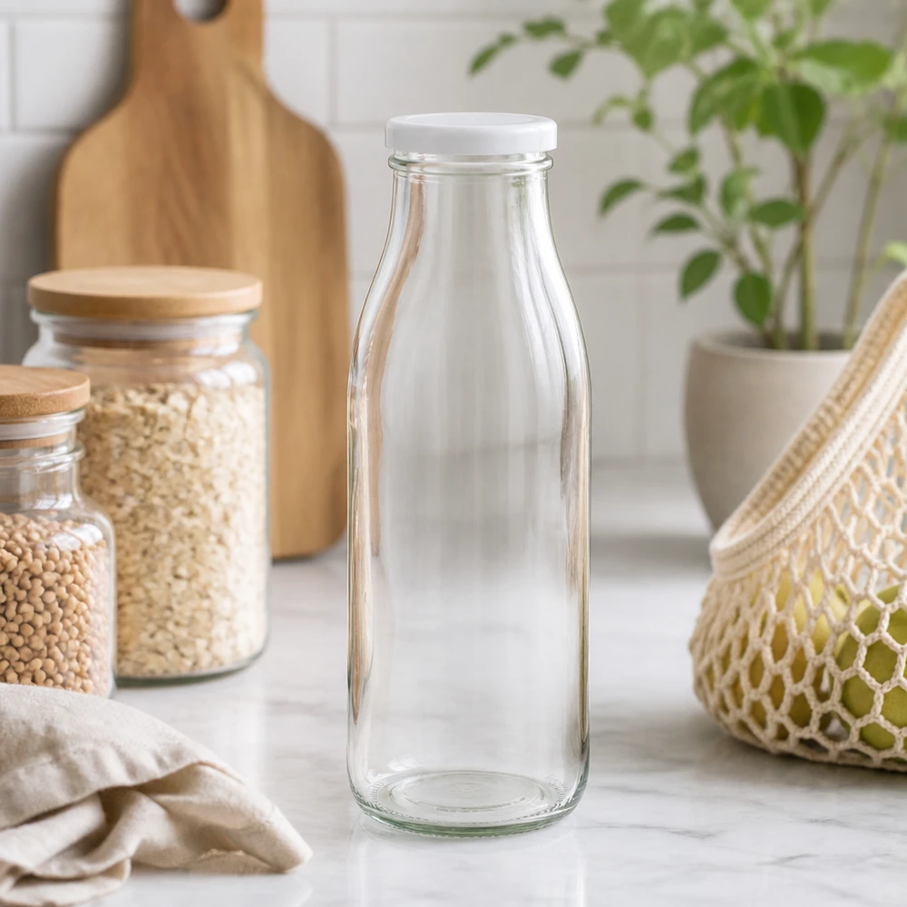 500ml lasipullo + BasicSeal-kansi valkoinen UNiTWIST 500ml lasipullo tyhjänä luonnollisessa keittiöympäristössä, jossa on säilytyspurkkeja ja kasveja Elämäntyyli laukaus