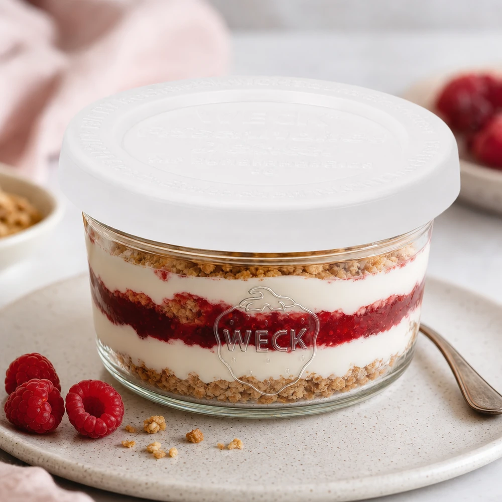 WECK 50 ml:n juomapullot RR60, jossa on kerrostettu jälkiruoka ja vadelmia jälkiruokavaihtoehtona valkoisella tarjoilulautasella.